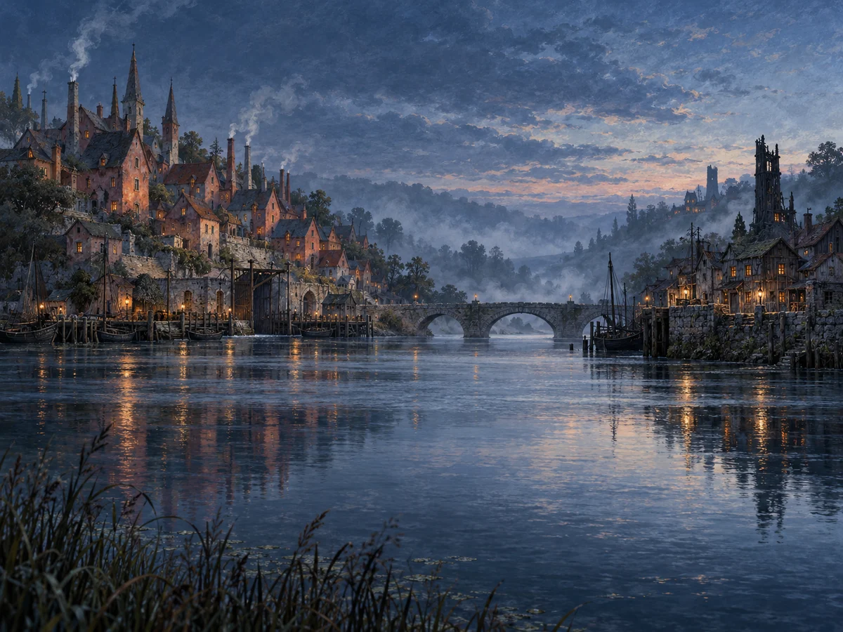 Moone Town’s pointed roofs and smoking chimneys beside a quiet river, with Rivers End’s weathered quay and Charred Tower further along the water.